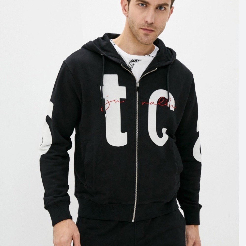 Just Cavalli Mens Black‎ Full Zip Graphic Hoodie Sweatshirt Size L Cotton Turkey